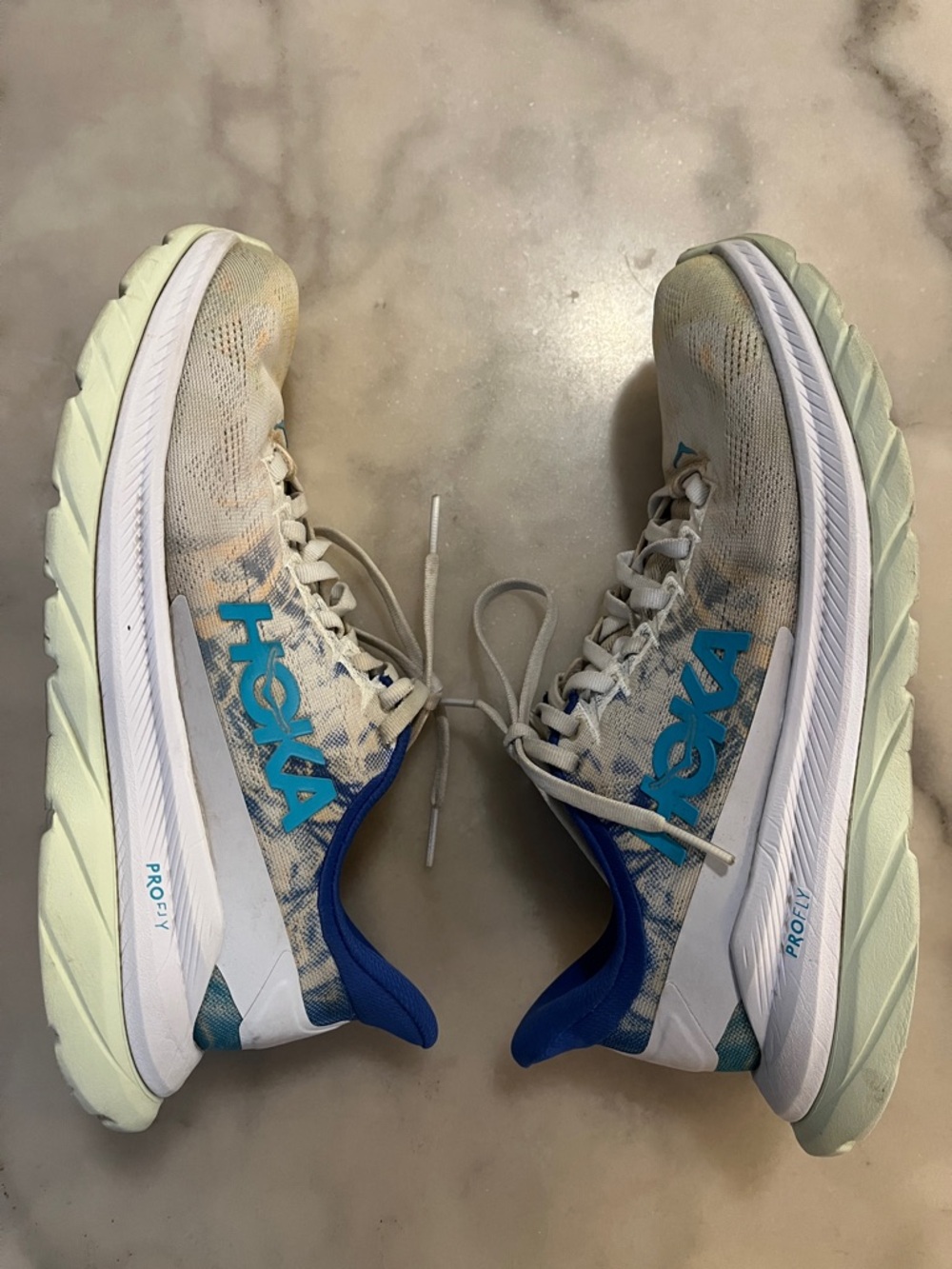Hoka One One Mach 4 Profly Women's Running Shoes in Cream & Blue Sneakers